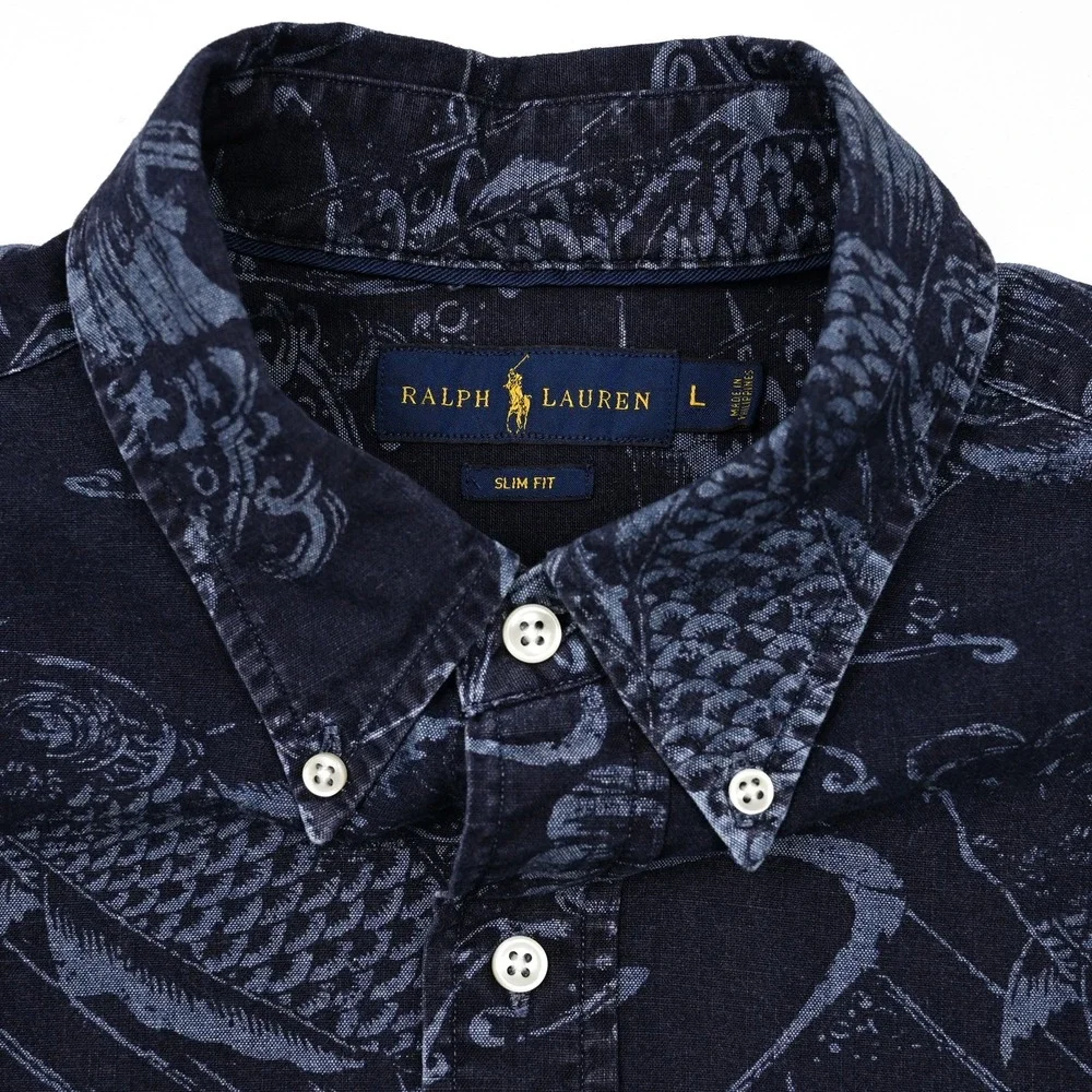 Polo Ralph Lauren‎ Slim Fit Button Up Shirt Men's L Blue Koi Fish All Over Print